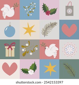 Peaceful christmas print. Vector endless geometric pattern in calm pastel pallete. For holiday gift card, wrapping paper, scrapbook paper