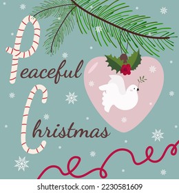 Peaceful christmas. Vector greeting card with dove of piece. Holidays gift