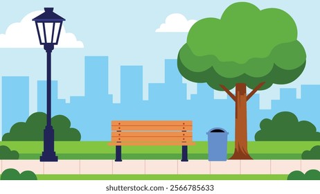 A peaceful city park with a bench, a tree, and a streetlamp against a skyline backdrop street scene