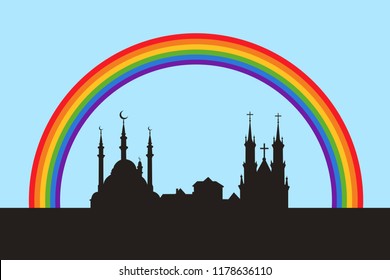 Peaceful coexistence of islam and christianity under colorful positive rainbow. Peace between muslims and christians. Cultural dialogue between religion in the city and town. Vector illustration