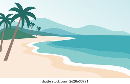 A peaceful and colorful illustration of a tropical beach.