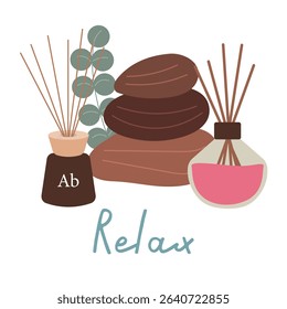 Peaceful composition of meditation items: hand-drawn diffuser, massage stones, tropical plants. For banners and posters