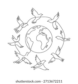 Peaceful concept a continuous line drawing of birds circling the earth