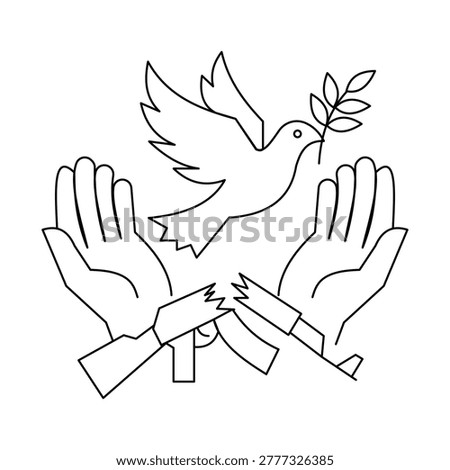 Peaceful concept illustration featuring a white dove flying with an olive branch over a broken rifle. Symbol of ending war, non-violence, and international peace. Line art design for pacifism, human rights, and anti-war movements.Editable stroke, Vector illustration, Line art Icon, Symbols.