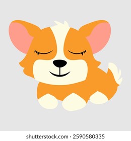 Peaceful corgi resting with closed eyes and a gentle smile. The fluffy puppy looks calm and relaxed, making it perfect for pet-related designs, greeting cards, stickers