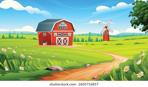 Peaceful countryside farm with red barn, windmill, and dirt path in green field. Vector cartoon landscape illustration