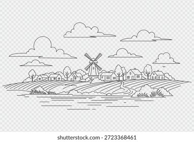Una tranquila escena de campo con un molino de viento, casas y campos en un estilo de arte minimalista, evocando una sensación de tranquilidad y simplicidad.