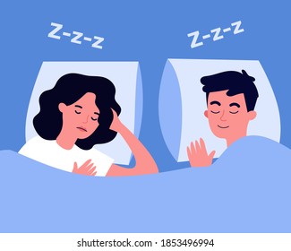 Peaceful couple sleeping in bed. Sleepy man and woman, pillows, blanket flat vector illustration. Resting, deep sleep, relationship concept for banner, website design or landing web page