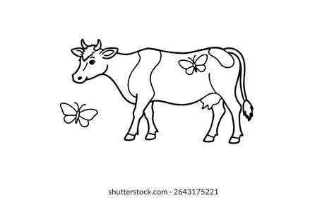 Peaceful Cow Field Line Art.