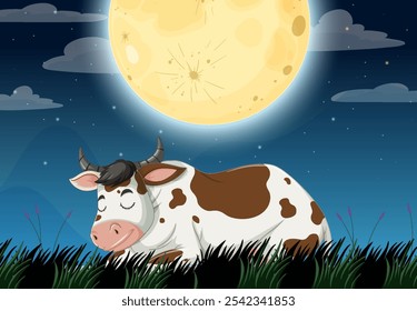 A peaceful cow rests beneath a glowing moon