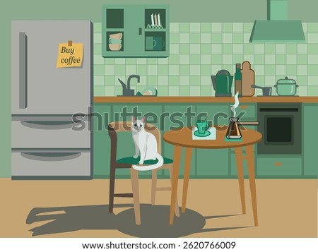 A peaceful and cozy kitchen scene with white cat up on wooden chair. A fresh cup of coffee sits on the round table beside  cezve. “Buy Coffee” sticky note on the fridge adds a charming everyday touch.