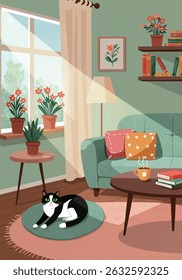 A peaceful and cozy living room interior featuring a black and white cat relaxing on a round rug. The scene includes houseplants, a green sofa with colorful cushions, books, a cup of tea, and sunlight