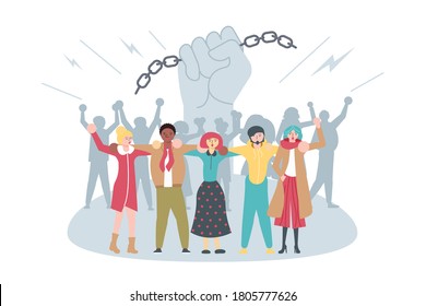 Peaceful crowd standing together and voting rights. Multinationality people with different skin color on raised arms fist with chain background. Flat Art Vector Illustration