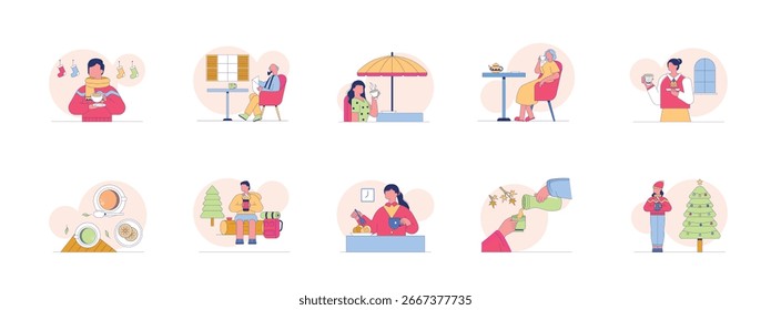 Tranquilo con una taza de té caliente, calmante para la mente. Diseño de personajes. Ilustración plana de Vector