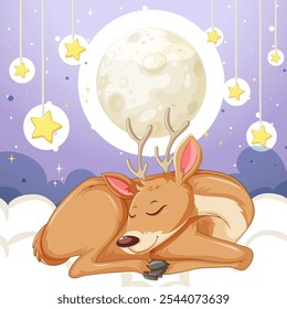 A peaceful deer sleeps beneath a glowing moon