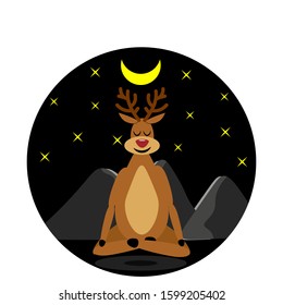 Peaceful deer yogi under the moon and stars with mountains in a black circle Isolated on a white background. Flat style. Stock vector illustration for decoration and design, postcards, posters, banner
