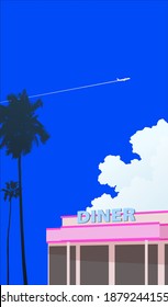 cena tranquila pequeño restaurante de playa estilo retro miami, nostalgia ilustración de la vibra de verano