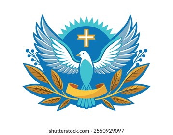 Peaceful Dove with Cross and Olive Branches - Christian Symbol of Hope and Peace