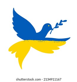 Peaceful dove on the Ukranian flag silhouette. Flat vector illustration isolated on white background. Pigeon holding olive branch. Simple design element. Protest against military aggression concept.