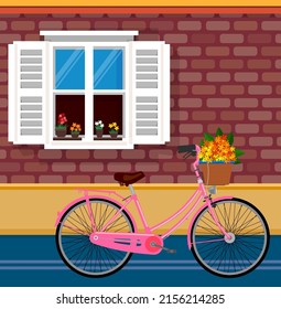 Peaceful drawing illustration with flowers bicyle near window