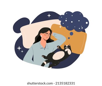 Peaceful dream and relax. Girl with cat resting on bed, hostess and pet, comfort and coziness in apartment. Recuperation and healthy lifestyle and sleep schedule. Cartoon flat vector illustration