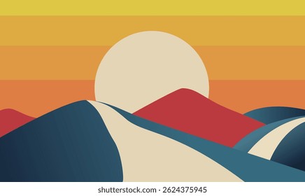 Peaceful Dune Top Desert Nature Landscape with Big Sun in Golden Sky at Sunset Sunrise