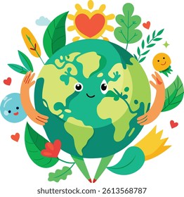 "Peaceful Earth Day eco-themed illustration featuring lush trees, greenery, and natural elements. A serene scene promoting environmental awareness, sustainability, and harmony with nature. Ideal for E