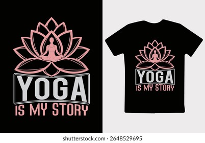 Um design pacífico e empoderador com tema de ioga apresentando uma silhueta de uma mulher em pose de lótus, centrado dentro de uma flor de lótus florescente.