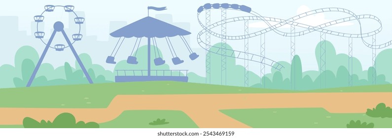 Peaceful, Empty Amusement Park Scene With A Ferris Wheel, Swing Ride, And Roller Coaster Against A Soft, Green Background. The Calm Setting Contrasts The Usual Excitement, Creating A Serene Atmosphere