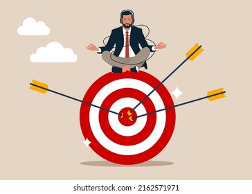 Peaceful Entrepreneur Meditate Sitting And Focusing On Big Archer Target. Stay Focused And Concentrate On Business Objective, Goal Or Target, Relax Meditation To Eliminate Distraction Concept.