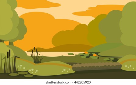 Peaceful evening swamp with gangway. Vector illustration.