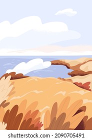 Peaceful fall landscape. Calm autumn nature with sea, sky horizon and clouds. Serene picturesque view from coast. Idyllic scenery. Countryside scene with water. Colored flat vector illustration