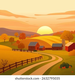 Peaceful farm landscape at sunset during autumn in the countryside with sky and a mountain in the background. Golden hour on a farmland with the sun behind the hill, barn and farmhouse on the grass