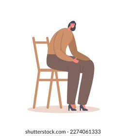 Peaceful Female Character Sitting on Chair, Deep In Prayer With Bowed Head and Hands on Knees in Catholic Church