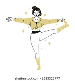 A peaceful female doodle character does yoga. The girl stands on one leg. Healthy lifestyle. Vector black and white hand-drawn illustration