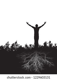 A peaceful figure stands firmly rooted in gratitude.  On a field of vegetation with roots. 