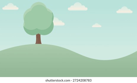 Paisaje plano tranquilo que muestra un solo árbol en colinas verdes rodantes bajo nubes suaves ideal para temas de naturaleza conceptos ecológicos diseños de niños Sitios web pósters App y visuales tranquilos