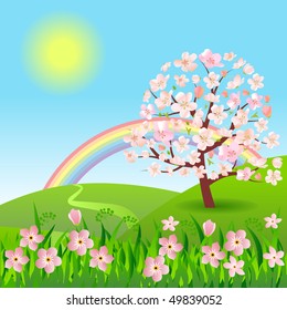   Peaceful floral landscape with rainbow