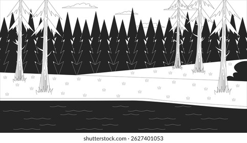 Peaceful forest lake with pine trees line illustration backdrop. Lakeside landscape woodland spruce. Outdoor nature coniferous. Woods river water 2D ink outline monochrome background. Lineart vector