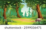 Peaceful forest landscape with trees and plants, offering a calm, serene setting. Vector cartoon illustration