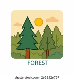 Peaceful forest with pine trees, sun, and cloudy sky. Great for nature travel, eco-tourism, camping, and outdoor adventure themes.