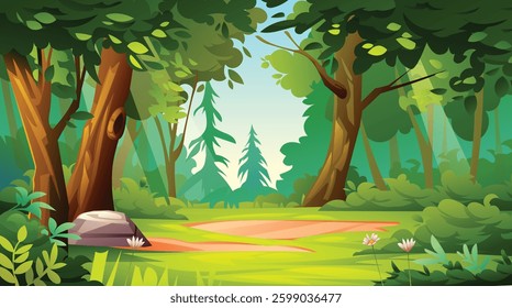 Peaceful forest scene with greenery, trees, and foliage in a bright, open area. Vector cartoon landscape illustration