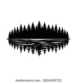 Peaceful forest scene with trees mirrored in still lake water, evoking tranquility