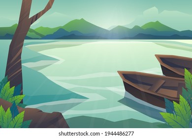 Peaceful forest tree and canal with Beautiful landscape, outdoors adventure on green and two boat floting in river,  vector illustration 