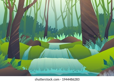 Peaceful forest tree and treams through the hills, Beautiful landscape, outdoors adventure on green, vector illustration 