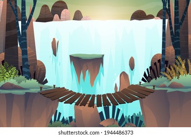 Peaceful forest tree and waterfall through high cliff rocks, Beautiful landscape, outdoors adventure on green, vector illustration 