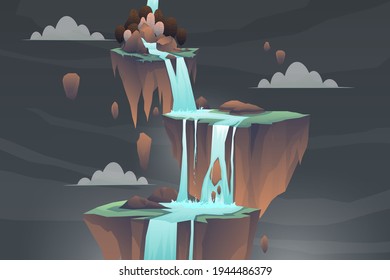 Peaceful forest tree and waterfall through high cliff rocks, Beautiful landscape, outdoors adventure on green, vector illustration 
