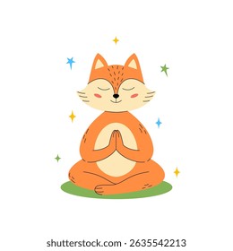 Peaceful fox meditating in a seated yoga pose with eyes closed and hands in a prayer position.
