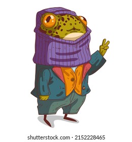 A Peaceful Frog Guy, isolated vector illustration. A trendy dressed anthropomorphic froglet showing a peace or a victory hand gesture. A humanized pacifist toad. An animal character with a human body