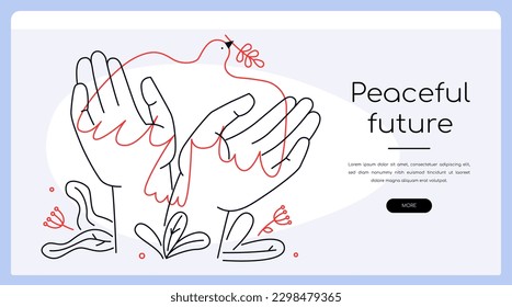 Peaceful future - modern colorful line design style banner with copy space for text. Composition with dove bird holding an olive branch in its beak. Tranquility, unity and heaven on earth idea